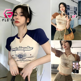 Áo Croptop Tay Ngắn Raglan AGREATLY Cổ Khoét V Chất Borip CR144, Áo Thun Kiểu Sexy Nữ Cổ Giọt Lệ Ôm Body Flo'ra
