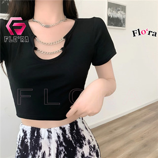 [XẢ HÀNG] Áo Croptop CỔ U PHỐI XÍCH Chất Thun Borip Kiểu Sexy BM00_BM293, Áo Thun Nữ Trơn Ôm Body Đẹp Flo'ra