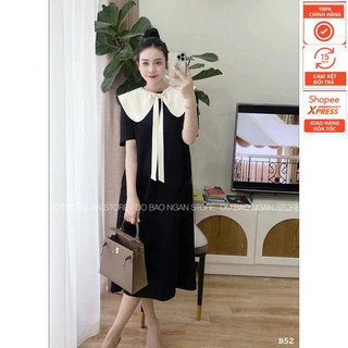 Đầm bầu công sở đen trơn cổ nơ trắng Basic suông dáng dài Bigsize