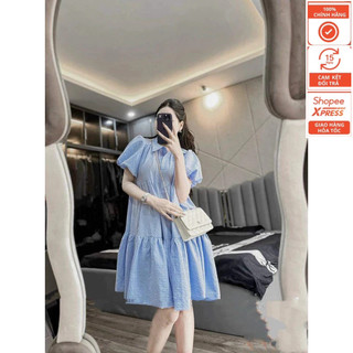 Váy bầu babydoll kẻ sơ mi tay bồng bigsize siêu xinh