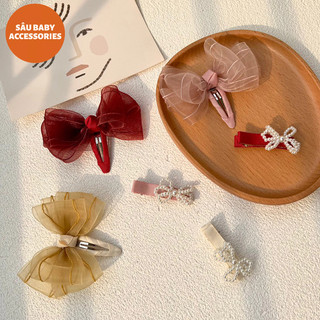 Sét kẹp tóc nơ voan gân chỉ mix kẹp nơ hạt trai handmade by Sâu cho bé