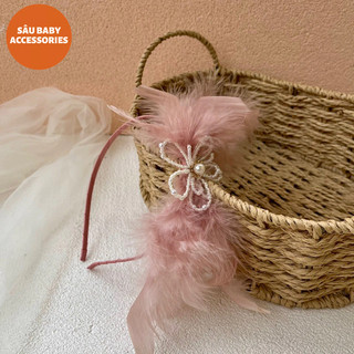 Bờm xước tóc lông vũ hồng đính đá hoa công chúa handmade by Sâu cho bé