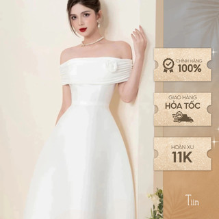 Váy trễ vai nhún đính hoa đầm kiểu nữ thiết kế dáng dài dự tiệc sang trọng TIINSTORE VHN832