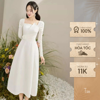 Váy cổ vuông phối tay cúp đáp kèm hoa cài màu trắng đầm thiết kế dự tiệc sang trọng nữ tính TIINSTORE VHD1025