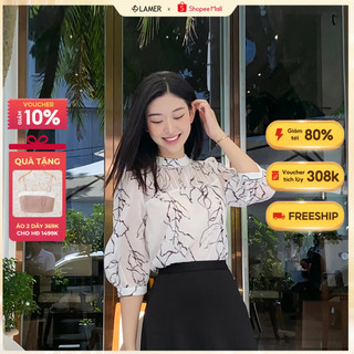 Áo Sơ Mi Nữ Cổ Tàu Tròn Mí Ngực LAMER Áo Công Sở Nữ Tay Lỡ Dáng Suông Hoạ Tiết Thanh Lịch O61B24Q003
