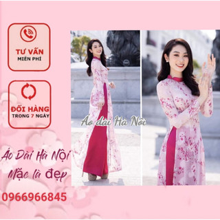 Mẫu áo dài hoa nhí 4 tà màu hồng dịu nhẹ, may cổ cách điệu, vải von tơ ép sang trọng - ÁO DÀI HÀ NỘI