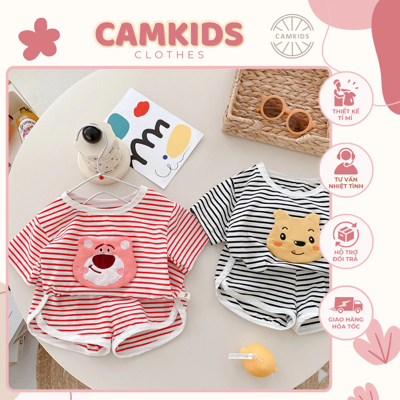 Bộ Cộc Tay Gấu Dâu, Gấu Pooh Kẻ Sọc Cho Bé Trai Bé Gái, Bộ Quần Áo Mùa Hè Cho Bé Chất Cotton Thoáng 
