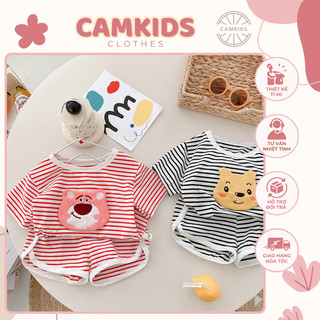Bộ Cộc Tay Gấu Dâu, Gấu Pooh Kẻ Sọc Cho Bé Trai Bé Gái, Bộ Quần Áo Mùa Hè Cho Bé Chất Cotton Thoáng Mát