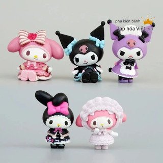 Bộ 5 mèo Melody và mèo Kuromi trang trí bánh kem, trang trí bánh sinh nhật