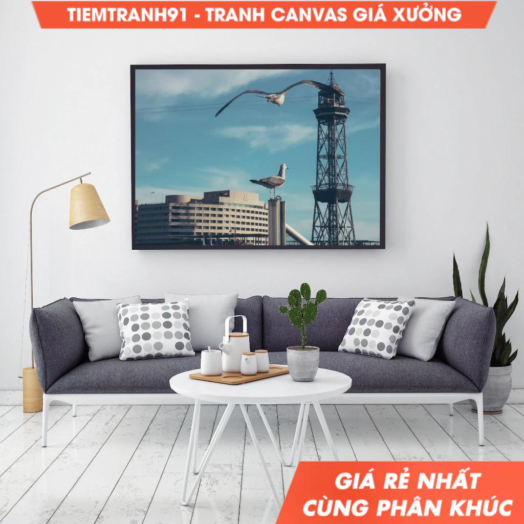 Tranh treo tường, Barcelona wall, Blue Sky Harbour, Seagulls Poster, skyline, Lighthouse Photography