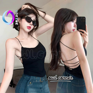 Áo croptop hai dây ĐAN DÂY LƯNG có mút ngực thun gân CR20, Áo crt 2d dây kiểu yếm nữ hở lưng ôm body OWL CORNER