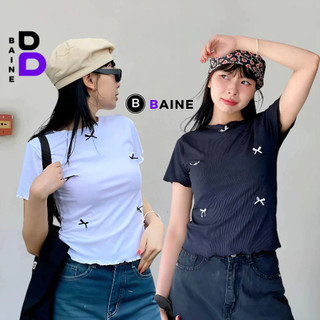 Áo Thun Tay Ngắn CỔ TRÒN ĐÍNH 5 NƠ DÁNG DÀI Nữ Trơn Ôm Body, Áo Thun Kiểu Có Viền Chất Borip Mềm Mát