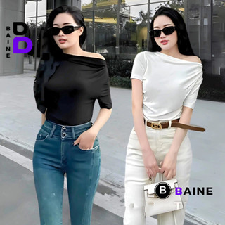 Áo Thun TAY NGẮN TRỄ VAI NHÚN TAY Vạt Nhọn Dáng Dài Nữ, Áo Babytee Nhún Eo Chất Thun Gân Kiểu Trơn BAINE