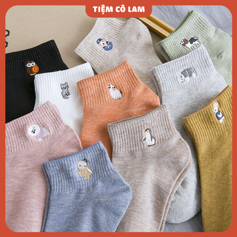 [Tiệm Vớ Cô Lam] Tất Vớ Cổ Thấp Nam Nữ Thêu Họa Tiết Động Vật