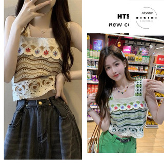 -Áo 2 dây len móc đi biển bản to cổ vuông thêu hoa hoạ tiết thổ cầm QC