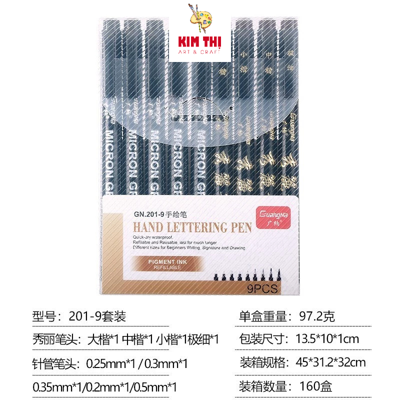 Bút viết thư pháp chữ Hán Calligraphy GuangNa bút lông brush pen bốn kích cỡ ngòi, có thể đổ thêm mự