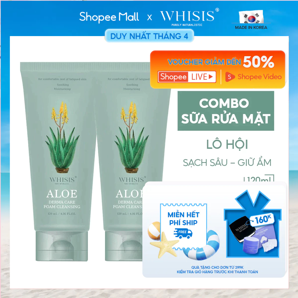 Combo 2 Sữa Rửa Mặt Cho Da Khô Dưỡng Ẩm Hàn Quốc WHISIS Aloe Derma Care Foam Cleansing Chiết Xuất Nha Đam