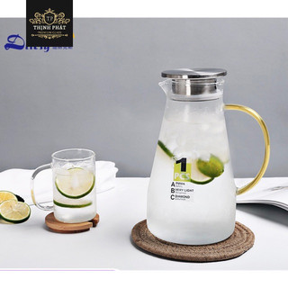 Bình nước thủy tinh quai vàng nắp nhôm cao cấp không rỉ 1100ml - 1400ml - 1500ml - 1800ml cao cấp. Ấm trà cao cấp