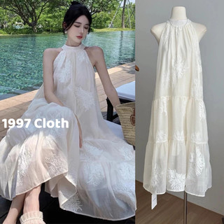 Đầm maxi đi biển cổ yếm dáng dài thêu hoa có lót trong nơ buộc sau gáy, Váy dáng dài hàng Quảng Châu cao cấp loại 1