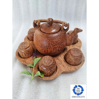 Bộ ấm trà hoa mai bằng gỗ dừa