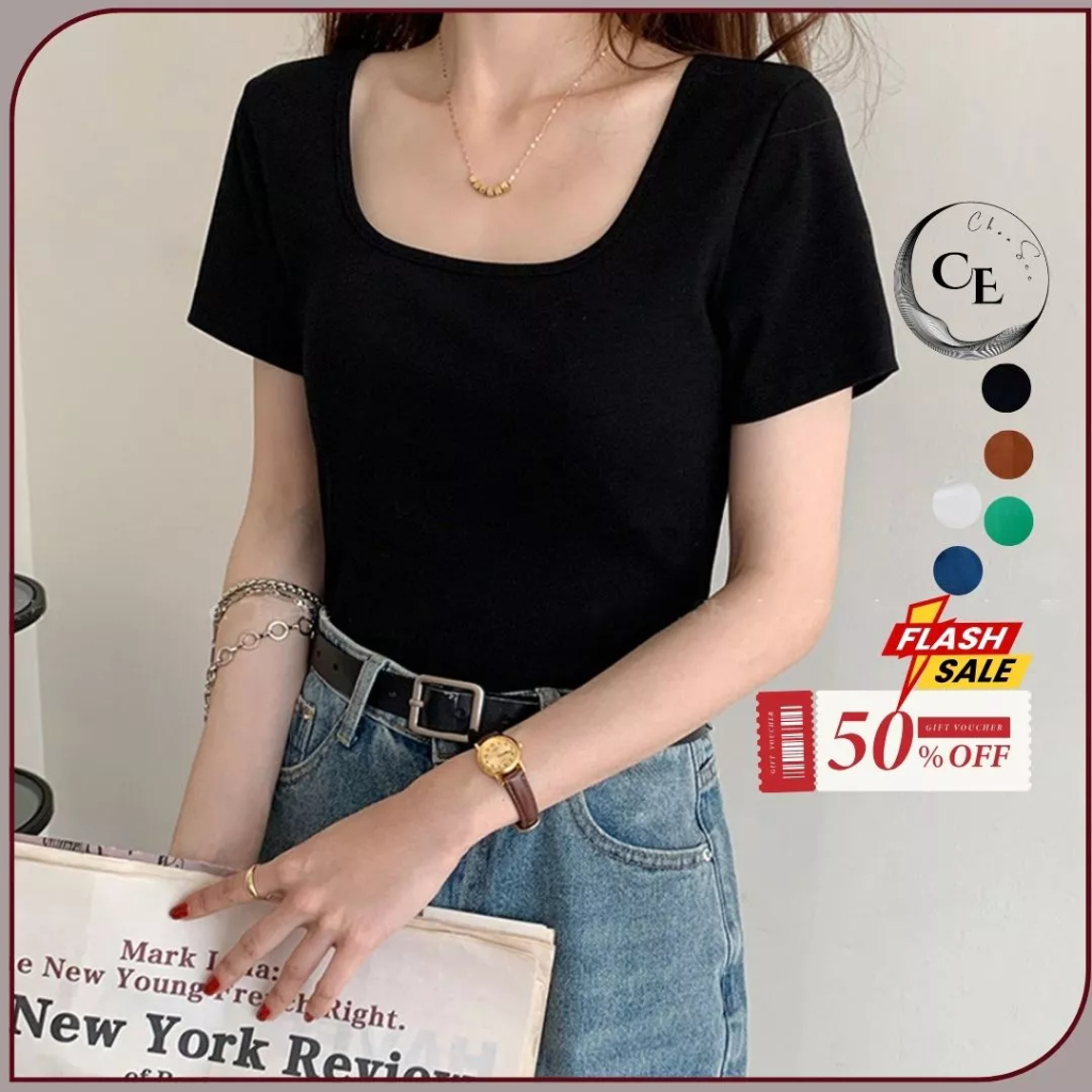 Áo Phông Nữ Choosee Cổ Vuông Cộc Tay Chất Cotton Form Đẹp Thun Trơn Co Giãn Tốt Màu Đen Trắng Thời Trang Basic Chs221