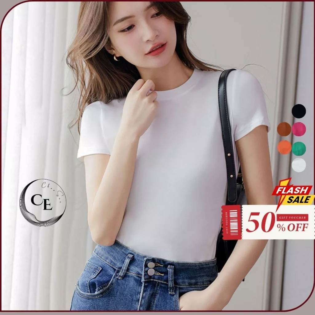 Áo Phông Nữ Cổ Tròn Tay Ngắn Kiểu Trơn Dáng Ôm Body Chất Thun Cotton Co Giãn Tốt Màu Đen Trắng Thời Trang Basic Chs207