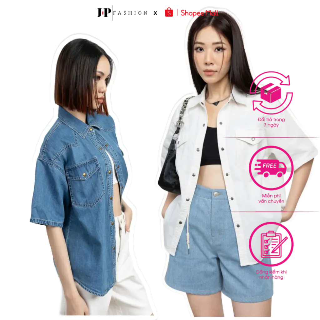 Áo Sơ Mi Jean Form Rộng Ngắn Tay JP FASHION Chất Liệu Dày Dặn Không Phai Màu, Không Nhăn Freesize (ảnh thật) 10609377