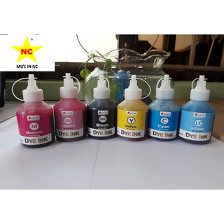 Bộ 6 màu mực đổ in phun Epson, mỗi bình 100ml: Xanh, Đỏ, Vàng, Đen, xanh light, đỏ light. Chai, lọ mực nước Dye Ink bơm