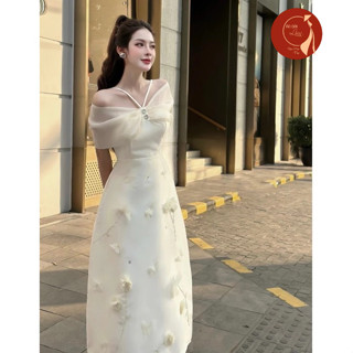 Áo dài nữ, Áo dài cách tân thiết kế trễ vai cổ yếm thêu kết thủ công sang chảnh hàng sẵn