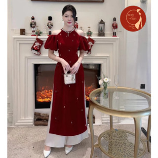 Áo dài cách tân, Áo dài nhung tay bồng cổ yếm tay bồng đính nơ đá nổi trẻ trung mặc Tết