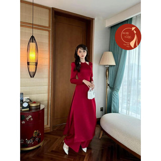 Áo dài nữ, Áo dài cách tân tay dài cổ yếm from ôm trơn màu đỏ đô siêu sang mặc Tết