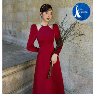 Áo dài Tết cổ yếm đính đá cao cấp tay dài đỏ đô mẫu thiết kế sang chảnh may sẵn