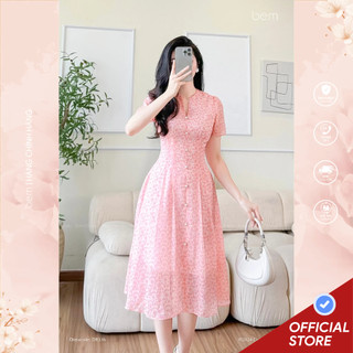 Đầm hoa nhí hồng cam tay hến có nút châu bem studio