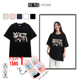 Áo Thun Nữ, Áo Phông Nam Nữ Unisex Tay Lỡ ICETEE Mã i34 Hình in gia đình thỏ, Chất Cotton Form Rộng Phong Cách Ulzzang