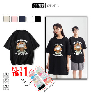 Áo Thun Nữ, Áo Phông Nam Nữ Unisex Tay Lỡ ICETEE Mã i54 Hình in Cat, book Coffe Chất Cotton Form Rộng Phong Cách Ulzzang