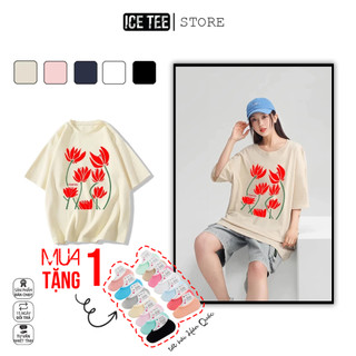 Áo Thun Nữ, Áo Phông Nam Nữ Unisex Tay Lỡ ICETEE Mã i40 Hình in Bông Sen Cute Chất Cotton Form Rộng Phong Cách Ulzzang