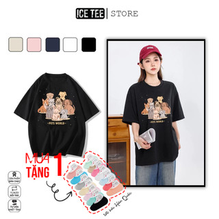 Áo Thun Nữ, Áo Phông Nam Nữ Unisex Tay Lỡ ICETEE Mã i38 Hình in Thú Cưng Cute Chất Cotton Form Rộng Phong Cách Ulzzang