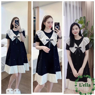 Đầm bầu công sở lụa hàn siêu mát váy bầu cổ ren tag nơ siêu xinh
