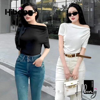 Áo thun trễ vai tay ngắn dáng dài nhún tay vạt nhọn nhún eo, áo babytee lệch vai chất gân kiểu trơn nữ - hibong