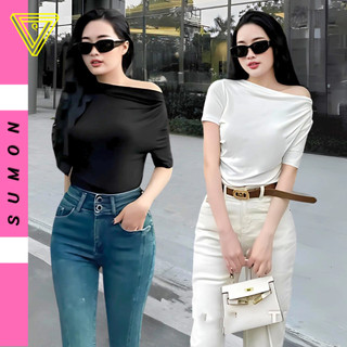 Áo thun trễ vai tay ngắn dáng dài nhún tay vạt nhọn nhún eo, áo babytee lệch vai chất gân kiểu trơn nữ