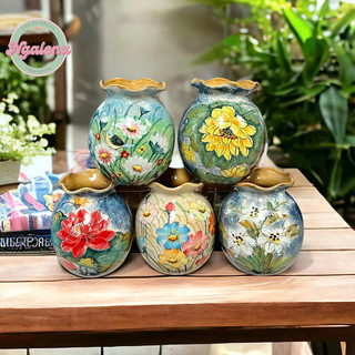 Vò cắm hoa, lọ hoa miệng lượn gốm sứ Bát Tràng vẽ 3D