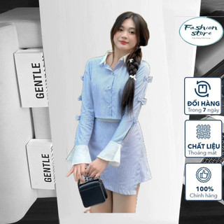 Sét sơ mi xanh kẻ nơ phối cổ trắng - sét áo sơ mi croptop phối nơ tay mix chân váy