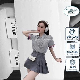 Set Sơ Mi Kẻ ThomBrowne Chân Váy Tennis Xám Xòe Xếp Ly Phong Cách Hàn Chất Liệt Tuyết Mưa Cá Tính Trẻ Trung