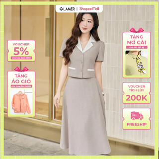 Áo đờ mi cổ 2 ve phối màu phối Chân váy xòe dáng A LAMER O65D24H009, O62L24Q010