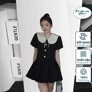 Sét váy nữ áo cổ sen tiểu thư đính đá mix chân váy xếp ly cao cấp chất tuyết mưa hottrend