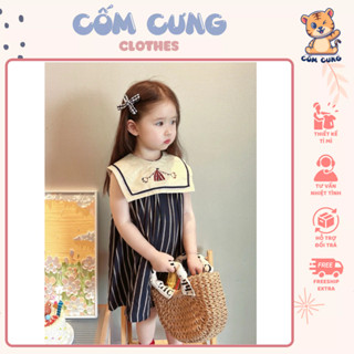 Váy Thuỷ Thủ Kẻ Xanh Tím Than Hình Rạp Xiếc Dành Cho Bé Gái, Bộ Đồ Mùa Hè Thoáng Mát, Vải Chính Phẩm Cotton Loại 1