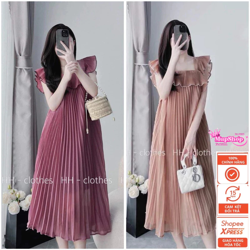 Váy bầu, đầm bầu dập ly cánh tiên suông dáng dài, đầm bầu dập ly dự tiệc, váy bầu đi biển, đầm bầu m