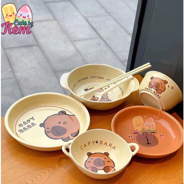 Bộ Bát Ăn Cơm, Thìa Decor, Bộ Bát Đĩa Họa Tiết Chuột Lang Capy bara Siêu Cute CUTE BY KEM