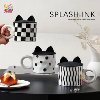 Cốc sứ có nắp, ly cốc gốm sứ ear caro | ear checker mug, ly sứ cao cấp kèm nắp tai mèo