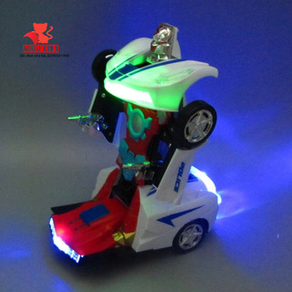 Đồ chơi xe ô tô cảnh sát biến hình robot chạy pin tự động có nhạc đèn cho bé